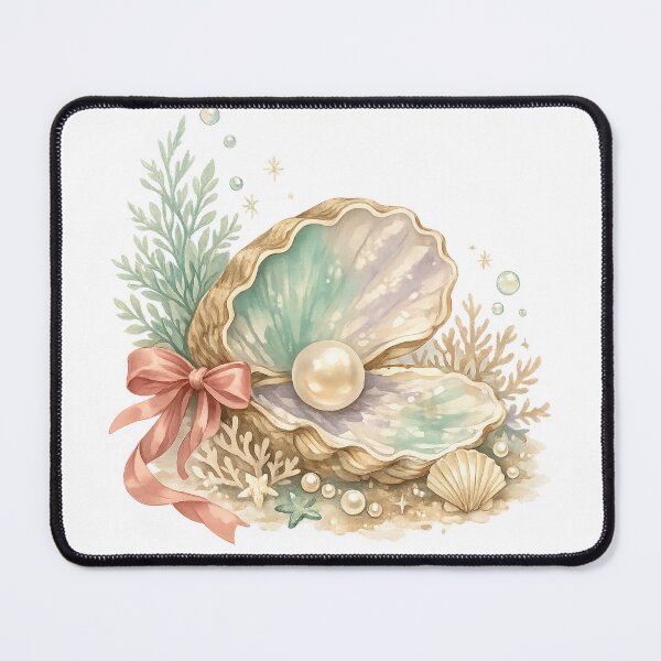 Item preview, Pastel Pearl Oyster Shell Watercolor Coastal Bow and Coral Illustration designed and sold by inkoutninja.