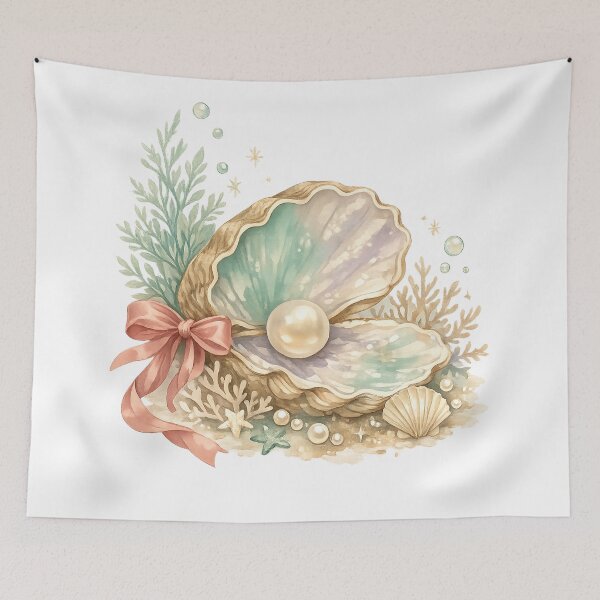 Item preview, Pastel Pearl Oyster Shell Watercolor Coastal Bow and Coral Illustration designed and sold by inkoutninja.