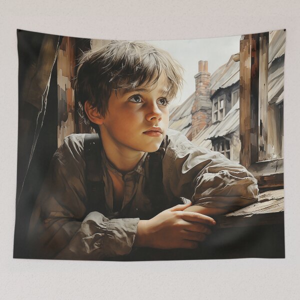 Item preview, Yearning for Tomorrow - An Orphan Boy Staring Out A Window In The 1700s - Watercolor Art - Children Art designed and sold by CastleBySea.