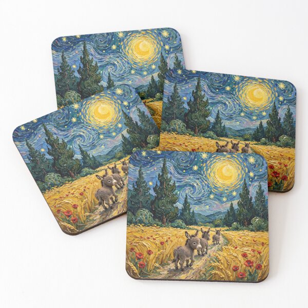 Item preview, Three Cute Donkeys Walking in Starry Night Wheat Field designed and sold by ThePrintArt.