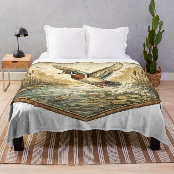 Item preview, Vintage Wood Duck Flying Over Wetland Marsh Wildlife Illustration designed and sold by inkoutninja.