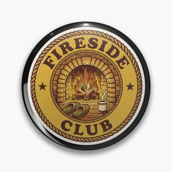 Item preview, Fireside Club — Retro 70s Cozy Fireplace Badge designed and sold by TheCalmEdit.