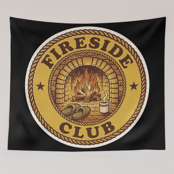 Item preview, Fireside Club — Retro 70s Cozy Fireplace Badge designed and sold by TheCalmEdit.