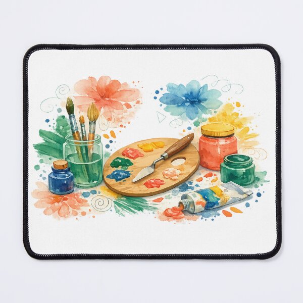 Item preview, Watercolor Artist Supplies Paint Palette Brushes Floral Creative Studio Illustration designed and sold by inkoutninja.