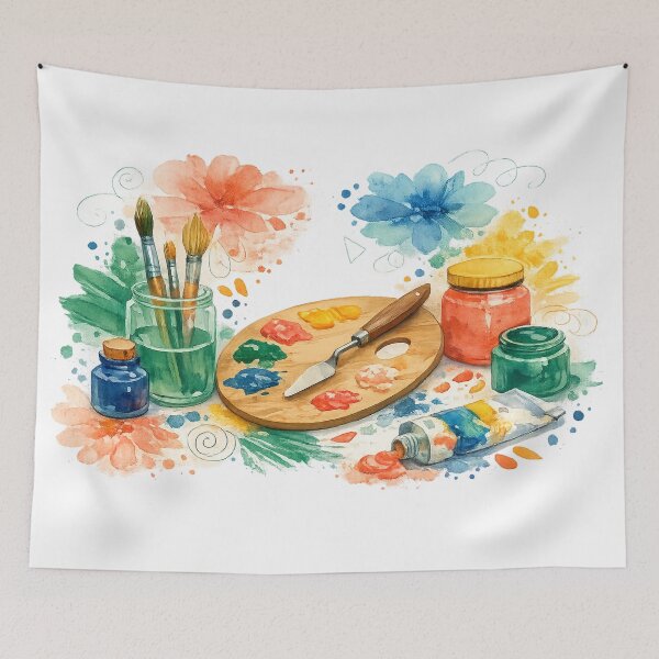 Item preview, Watercolor Artist Supplies Paint Palette Brushes Floral Creative Studio Illustration designed and sold by inkoutninja.