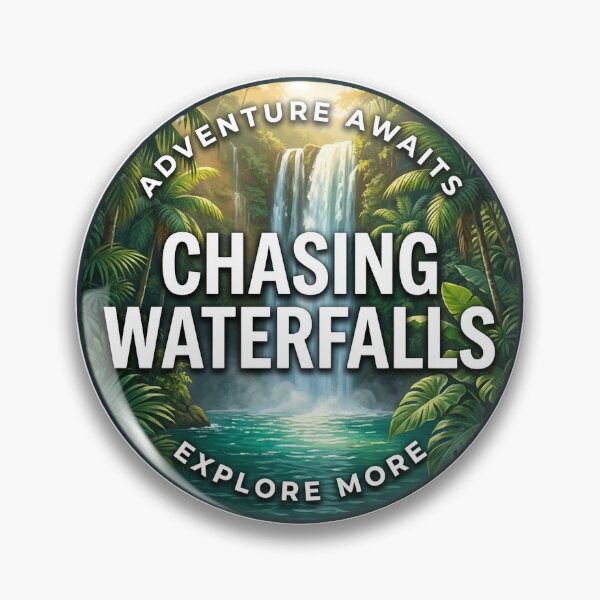 Item preview, Chasing Waterfalls Tropical Falls Hiking Round Badge Sticker designed and sold by DetourDgn.