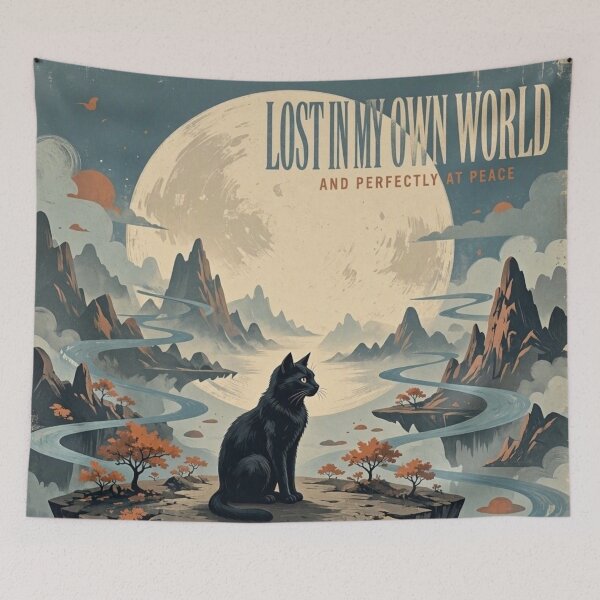 Item preview, Perfectly At Peace Vintage Black Cat | Celestial Mountain Landscape Art designed and sold by Dogandesighn.