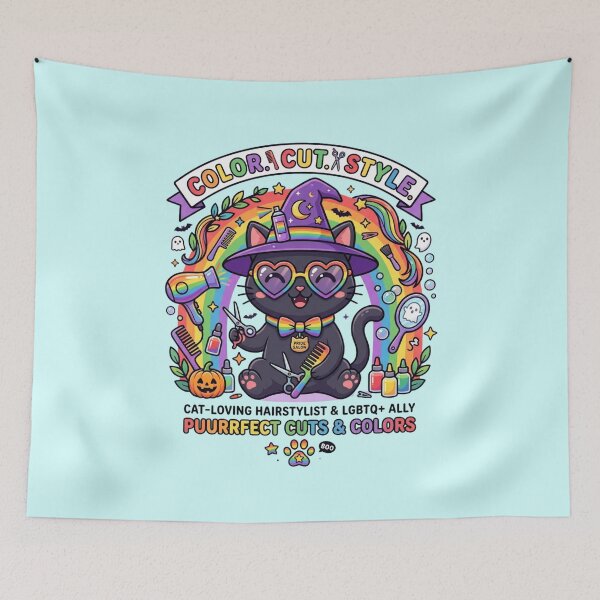 Item preview, Black Cat Witch Hairstylist Halloween Rainbow Salon Art designed and sold by Im-Ara.