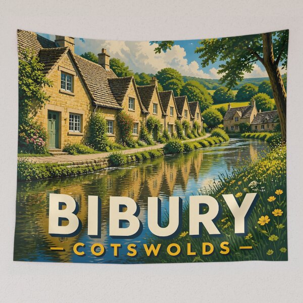 Item preview, Bibury Cotswolds – Vintage Riverside Cottage Travel Poster designed and sold by LSVart.
