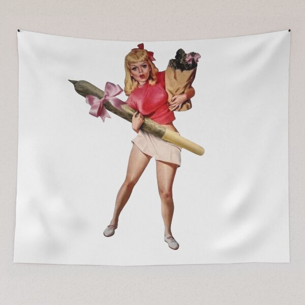 Item preview, Vintage Coquette Pinup Stoner Girl with Giant Joint & Pink Ribbons designed and sold by obalartsMerch.