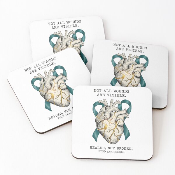 Artikelvorschau, Illustration mit türkisfarbenem Band zur Sensibilisierung für PTBS – Kintsugi-Herz als Geschenk für Überlebende – Design für psychische Gesundheit entworfen und verkauft von Luminari Creations.
