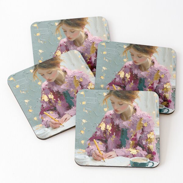 Item preview, Textured Impasto Girl Writing with Coffee Cup designed and sold by colorful-white.