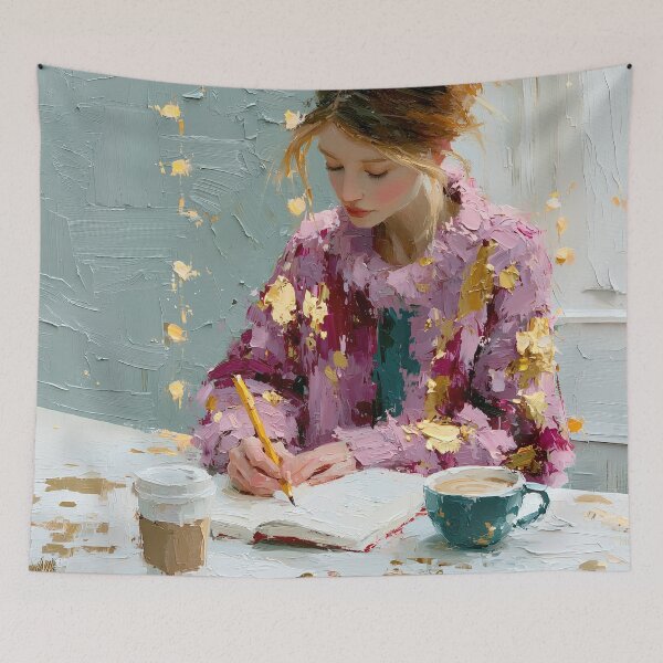 Item preview, Textured Impasto Girl Writing with Coffee Cup designed and sold by colorful-white.