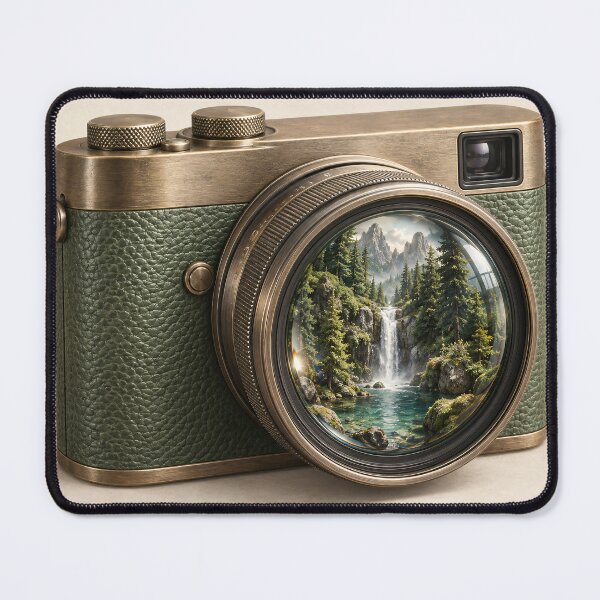 Item preview, Vintage Camera with Mountain Waterfall in Lens – Nature Photography Art designed and sold by Kaleidoscope Print.