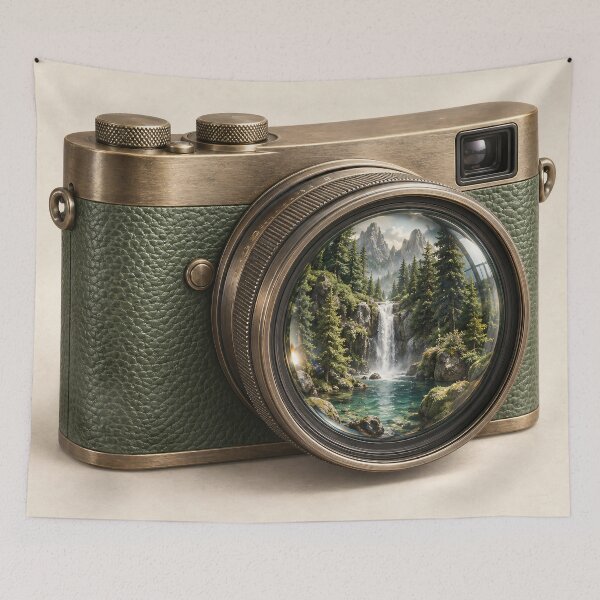 Item preview, Vintage Camera with Mountain Waterfall in Lens – Nature Photography Art designed and sold by Kaleidoscope Print.