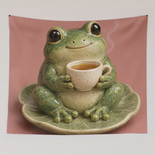 Item preview, Cute Frog Holding a Tea Cup – Cozy Ceramic Cottagecore Art designed and sold by Kaleidoscope Print.
