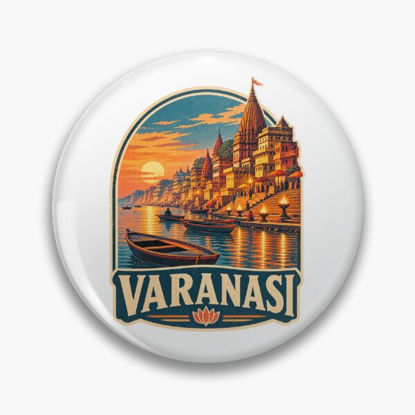 Item preview, Varanasi India Vintage Travel Badge - Ganges River Ghats Sunset Art designed and sold by Globalcitytees.