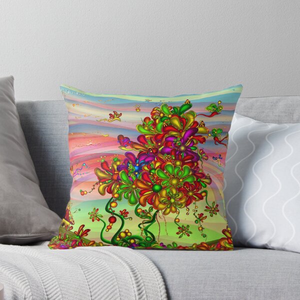 Item preview, Whimsical Psychedelic Flowers with Tiny Whimsy Houses in a Rainbow Sky – Trippy Floral Art in Red, Green and Gold | Colorful Dopamine Decor designed and sold by Ofir mor.
