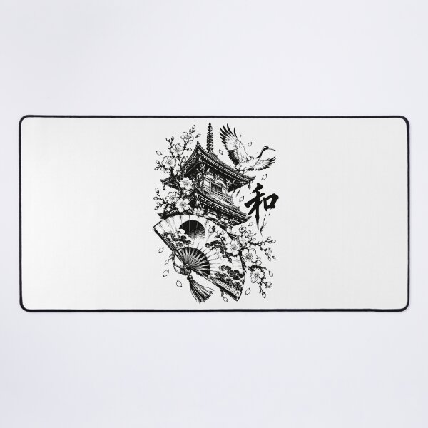 Item preview, Retro Japanese Ink Pagoda, Crane, and Blossoms designed and sold by bapupa.