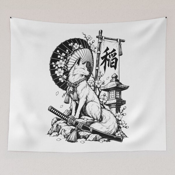 Item preview, Retro Japanese Regal Kitsune Beneath Sakura Umbrella designed and sold by bapupa.