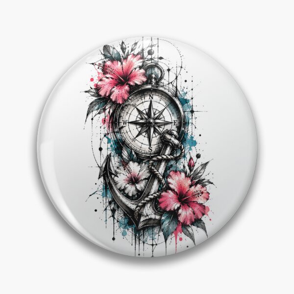 Item preview, Nautical Compass and Anchor with Hibiscus Flowers designed and sold by MichalHau.