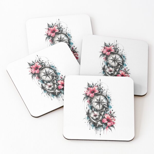 Item preview, Nautical Compass and Anchor with Hibiscus Flowers designed and sold by MichalHau.