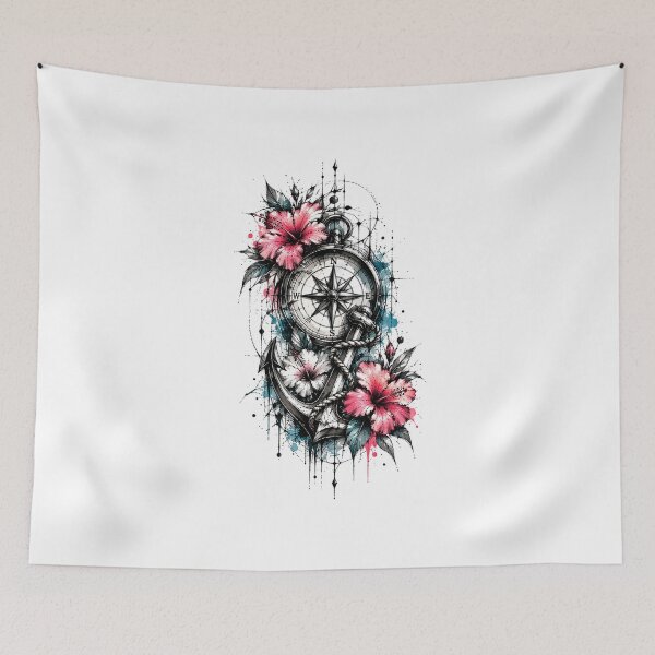 Item preview, Nautical Compass and Anchor with Hibiscus Flowers designed and sold by MichalHau.