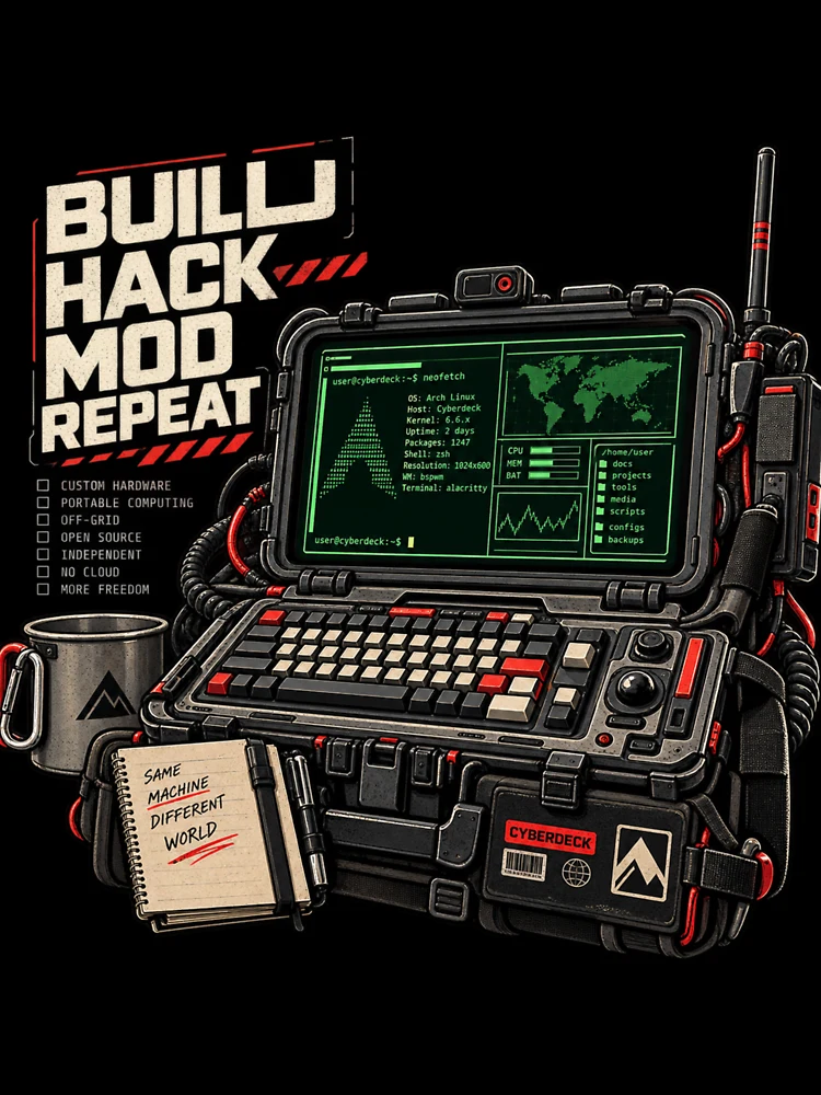 Thumbnail 7 of 7, Oversized T-Shirt, DIY Cyberdeck Computer – Build Hack Mod Repeat | Raspberry Pi & Linux Field Terminal designed and sold by amndro.