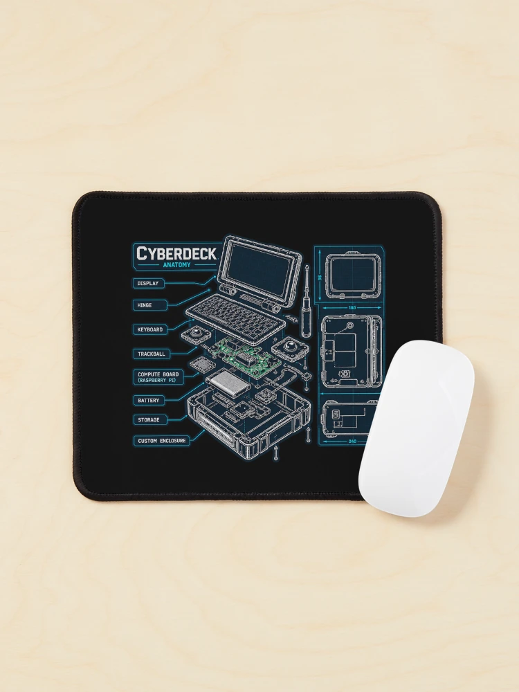 Thumbnail 1 of 5, Mouse Pad, Cyberdeck Anatomy Blueprint – DIY Raspberry Pi Portable Computer Exploded View designed and sold by amndro.