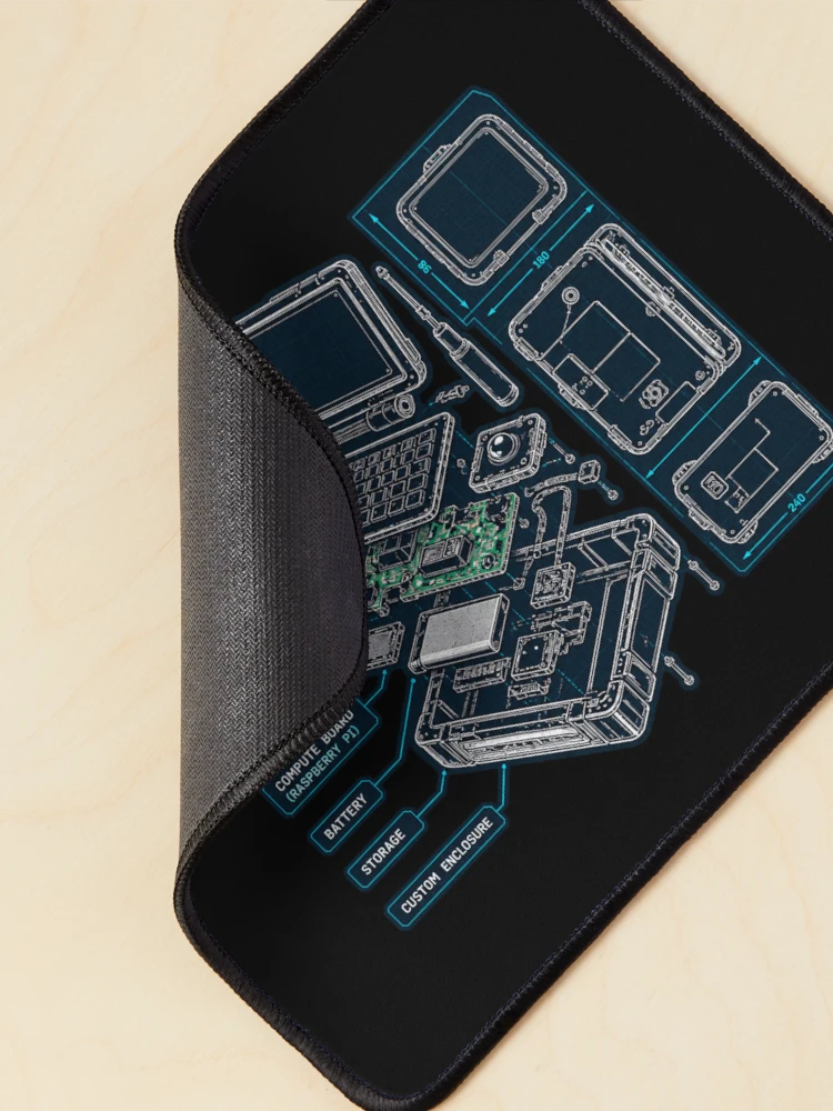 Thumbnail 2 of 5, Mouse Pad, Cyberdeck Anatomy Blueprint – DIY Raspberry Pi Portable Computer Exploded View designed and sold by amndro.