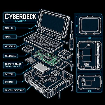 Artwork thumbnail, Cyberdeck Anatomy Blueprint – DIY Raspberry Pi Portable Computer Exploded View by amndro