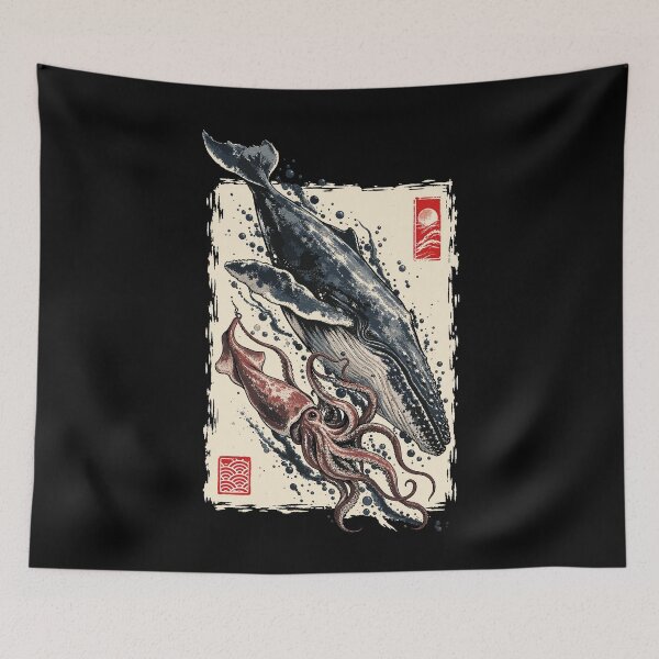 Item preview, Japanese Whale and Giant Squid Deep Sea Ink Design designed and sold by stmpdwrld.