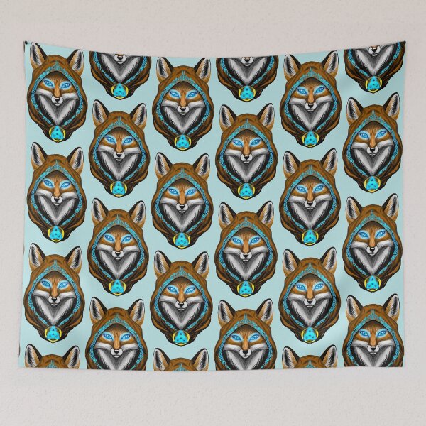Item preview, Mystic Nature Mage Red Fox Portrait with Cyan Runes designed and sold by URSM.