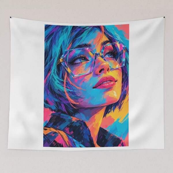 Item preview, Neon Pop Art Portrait – Geometric Glasses Woman Painting designed and sold by RON-FASHION.