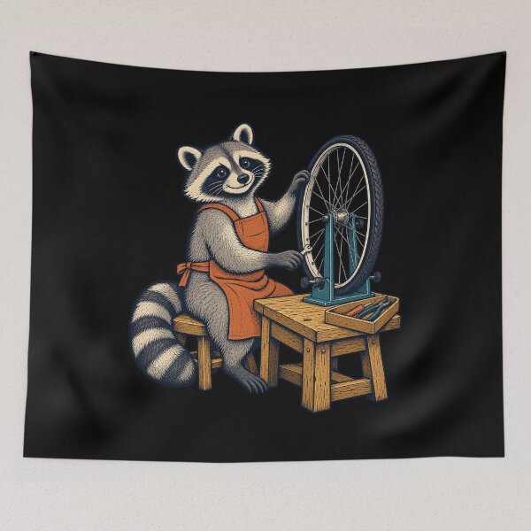 Item preview, Raccoon Bike Mechanic – Cozy Bicycle Repair Workshop designed and sold by suechtmpoa.
