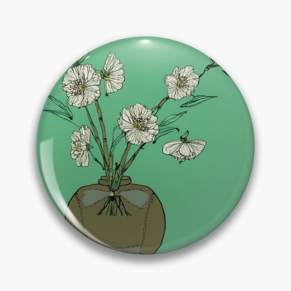 Item preview, Illustration of a brown vase containing branches with white flowers on a green background. Japanese style. designed and sold by Photopat.