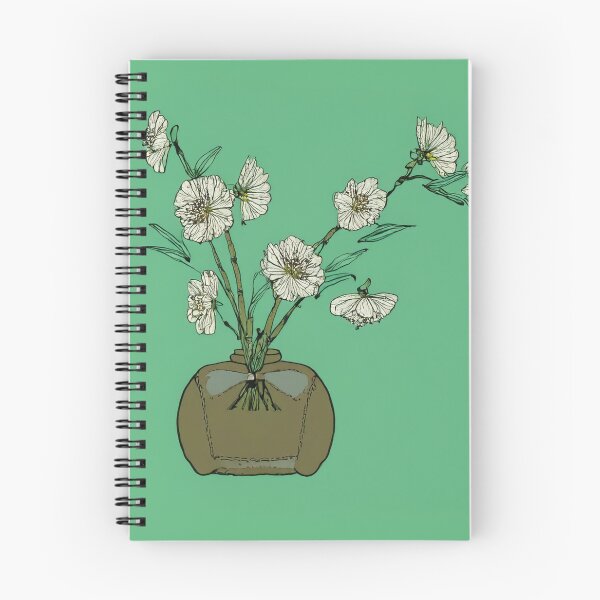 Item preview, Illustration of a brown vase containing branches with white flowers on a green background. Japanese style. designed and sold by Photopat.