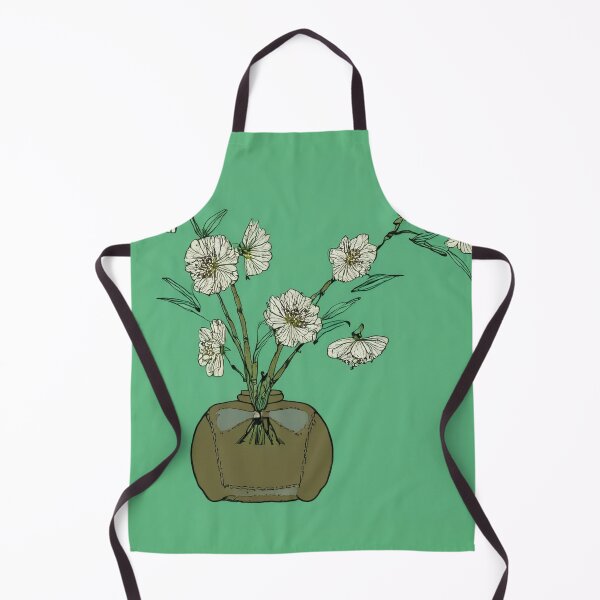 Item preview, Illustration of a brown vase containing branches with white flowers on a green background. Japanese style. designed and sold by Photopat.