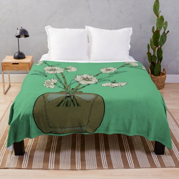 Item preview, Illustration of a brown vase containing branches with white flowers on a green background. Japanese style. designed and sold by Photopat.