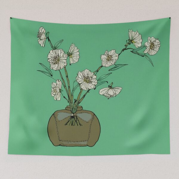 Item preview, Illustration of a brown vase containing branches with white flowers on a green background. Japanese style. designed and sold by Photopat.