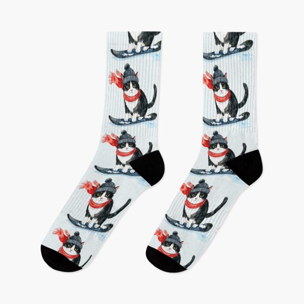 Item preview, Unhappy black and white winter cat on a snowboard designed and sold by LiskoDesign.