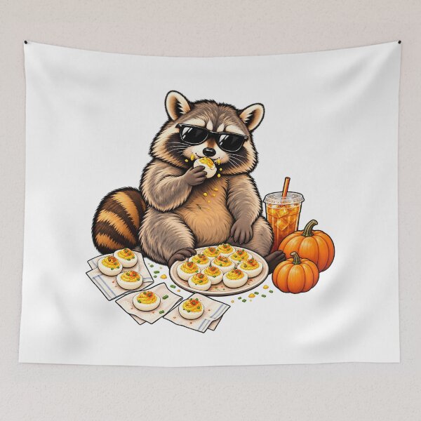 Item preview, Cool Raccoon Wearing Sunglasses Eating Deviled Eggs Fall Graphic designed and sold by CozyCubs-Art.