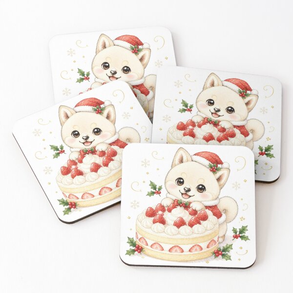 Item preview, Cream Shiba Inu with Japanese Strawberry Christmas Cake designed and sold by Kawaii Matcha Studio.