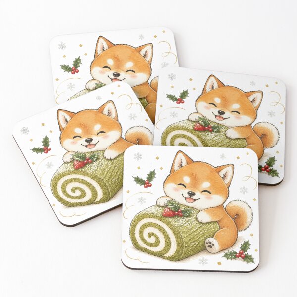 Item preview, Red Shiba Inu Hugging a Matcha Yule Log Cake designed and sold by Kawaii Matcha Studio.
