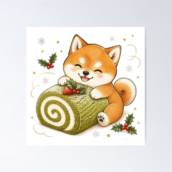 Item preview, Red Shiba Inu Hugging a Matcha Yule Log Cake designed and sold by Kawaii Matcha Studio.