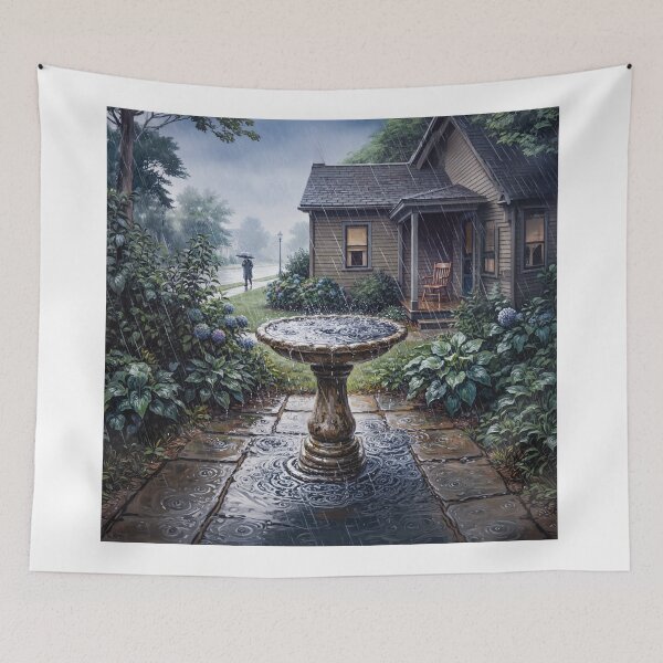 Item preview, Pouring Rain Falling Into Bird Bath American Realism designed and sold by Home Decor Art.