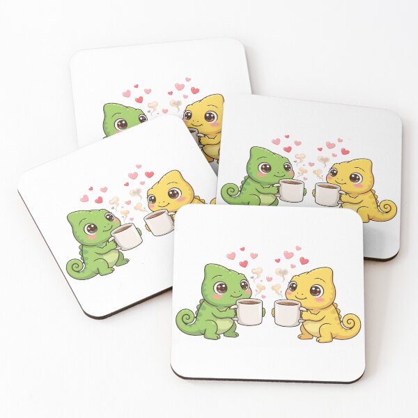 Item preview, Kawaii Chameleon Couple Sharing Coffee with Hearts designed and sold by HoMya.