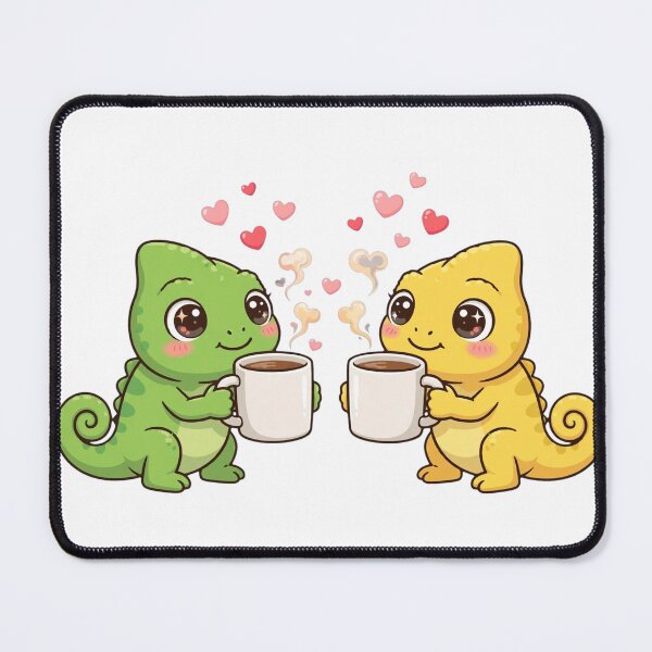 Item preview, Kawaii Chameleon Couple Sharing Coffee with Hearts designed and sold by HoMya.