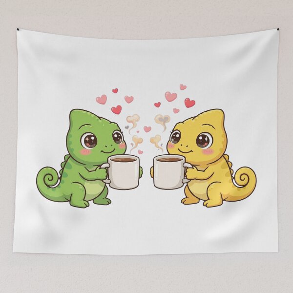 Item preview, Kawaii Chameleon Couple Sharing Coffee with Hearts designed and sold by HoMya.
