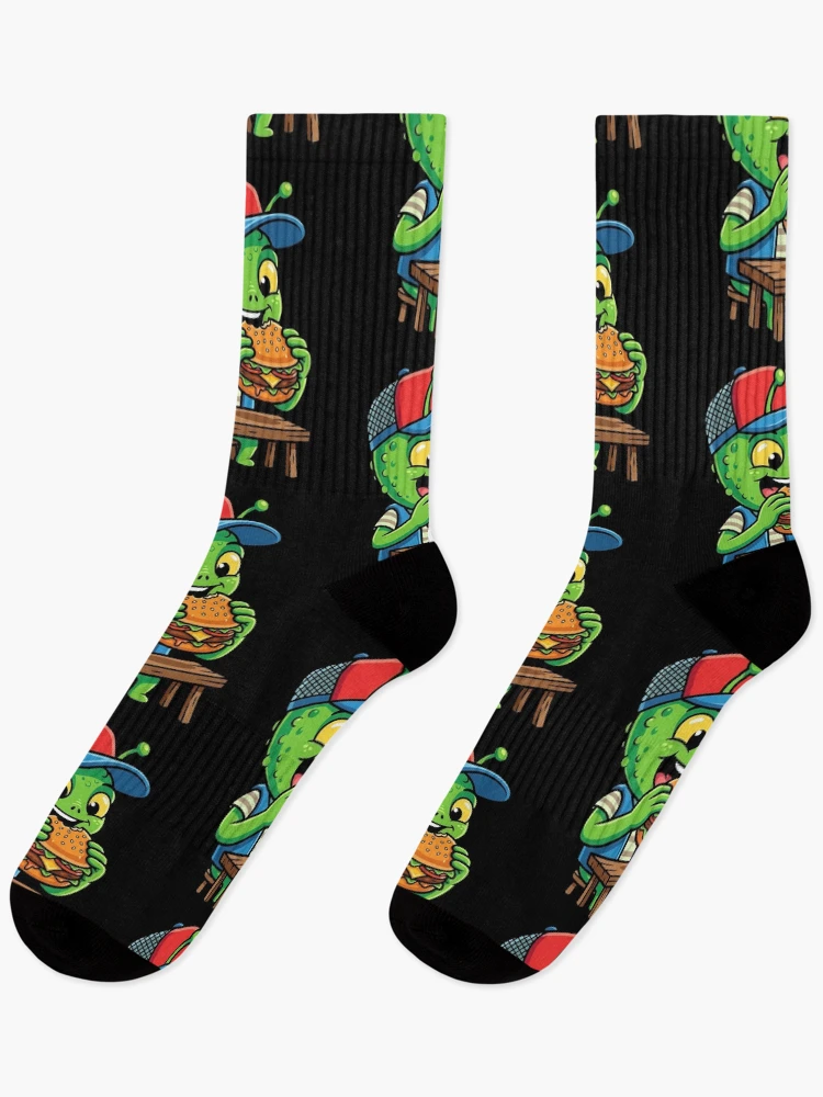 Thumbnail 1 of 5, Socks, Alien eats burger designed and sold by ReneMM.